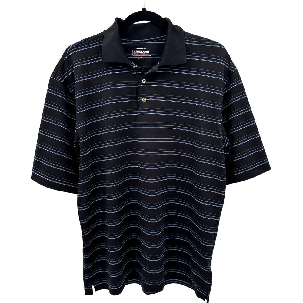 Kirkland Signature Mens Black Striped Performance Short Sleeve Polo Shirt M